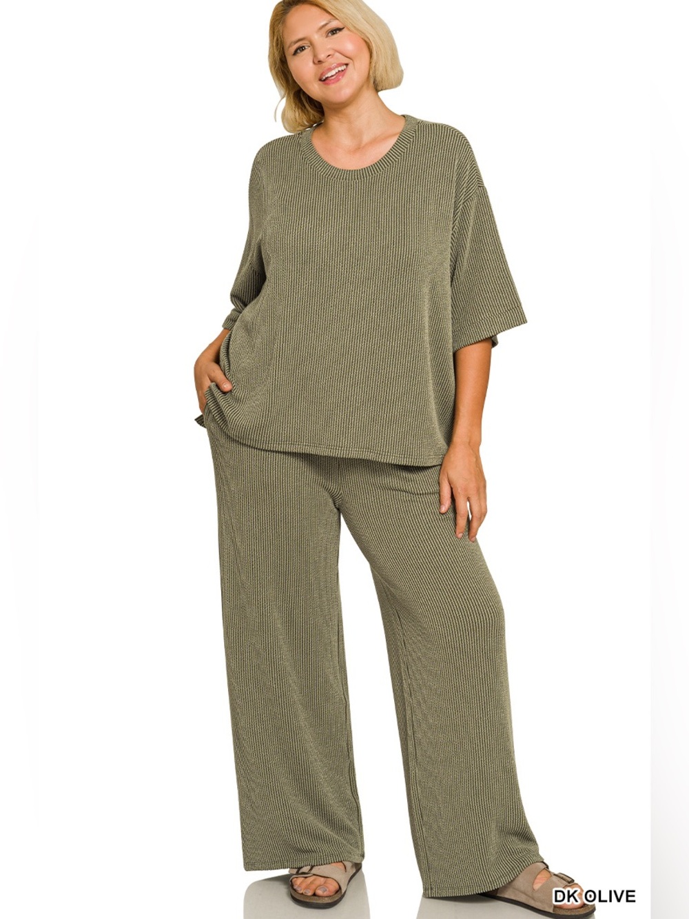 Zenana RAISED RIB SHORT SLEEVE TEE & PANTS SET - Picture 3 of 3